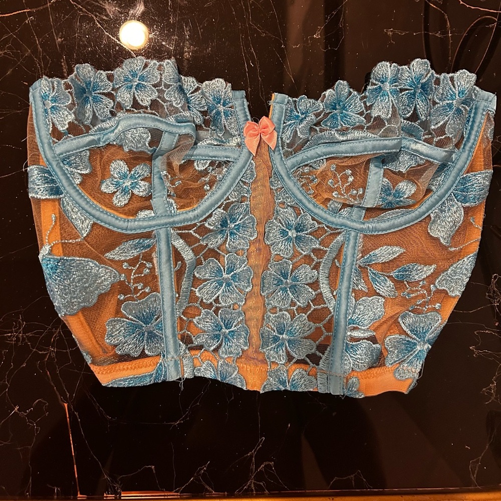 Blue & nude lace bustier